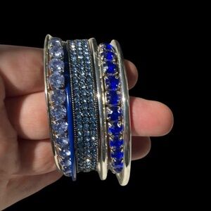 Blue and Silver Tone 7 Bracelet Set - Clamper, Bangle, Stretch
